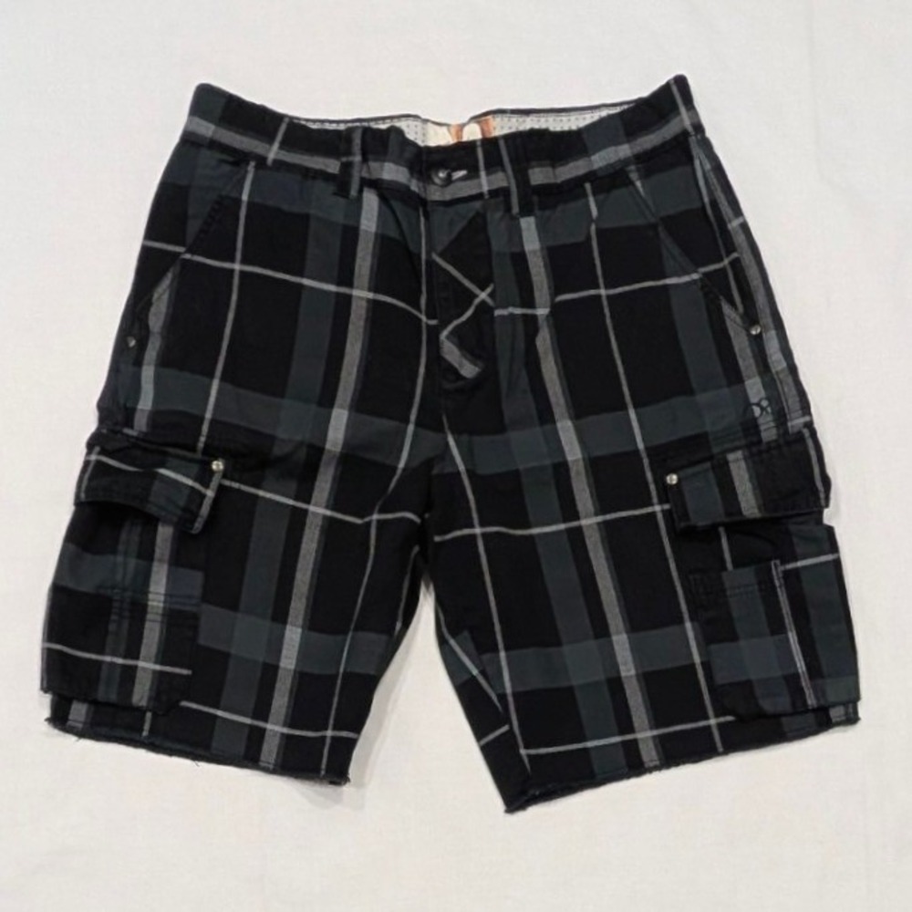 OP Ocean Pacific Men's Plaid Cargo Shorts Black Grey 36 Frayed Hem Cotton